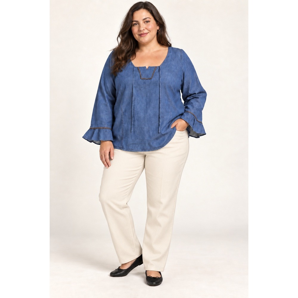 Route 66 Stretch Blue Denim Blouse Ruffle Cuff Square Neck Tie Top 2X